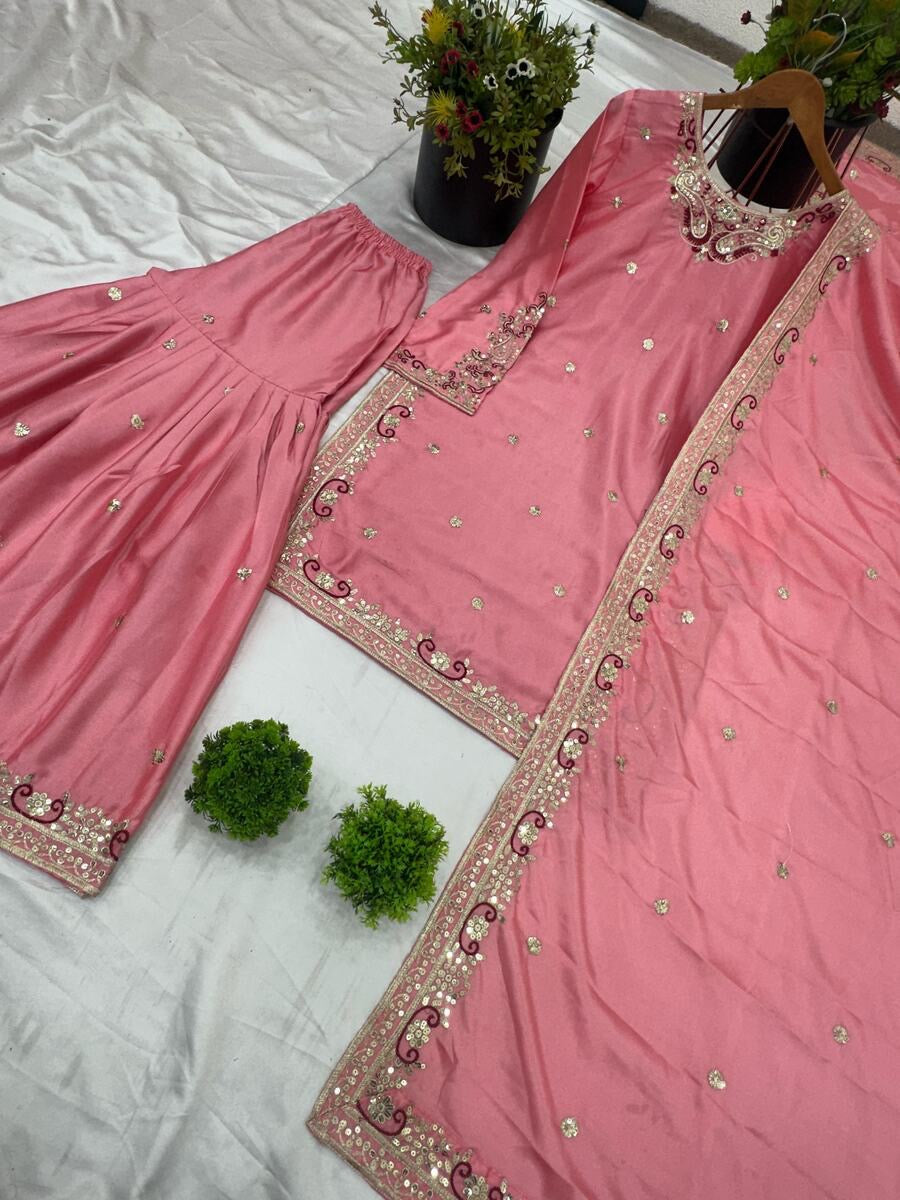 FANCY CHINON SILK EMBROIDERY SEQUENCE WORK TOP SHARARA WITH DUPATTA PINK