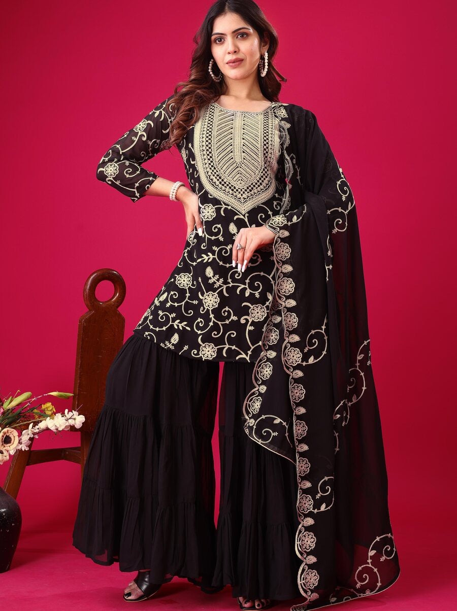 NEW ARRIVAL GEORGETTE EMBROIDERY WORK TOP SHARARA WITH DUPATTA BLACK