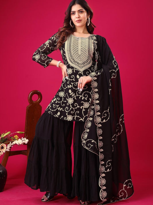 NEW ARRIVAL GEORGETTE EMBROIDERY WORK TOP SHARARA WITH DUPATTA BLACK