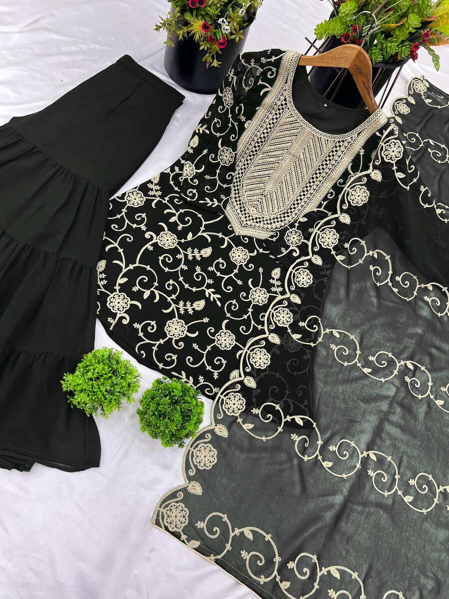 NEW ARRIVAL GEORGETTE EMBROIDERY WORK TOP SHARARA WITH DUPATTA BLACK