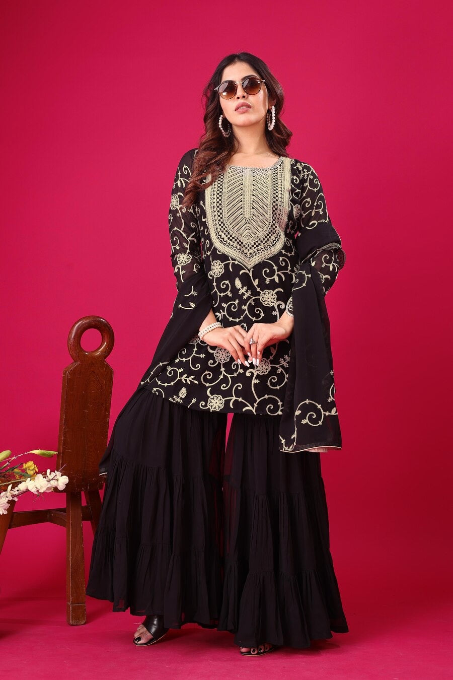 NEW ARRIVAL GEORGETTE EMBROIDERY WORK TOP SHARARA WITH DUPATTA BLACK
