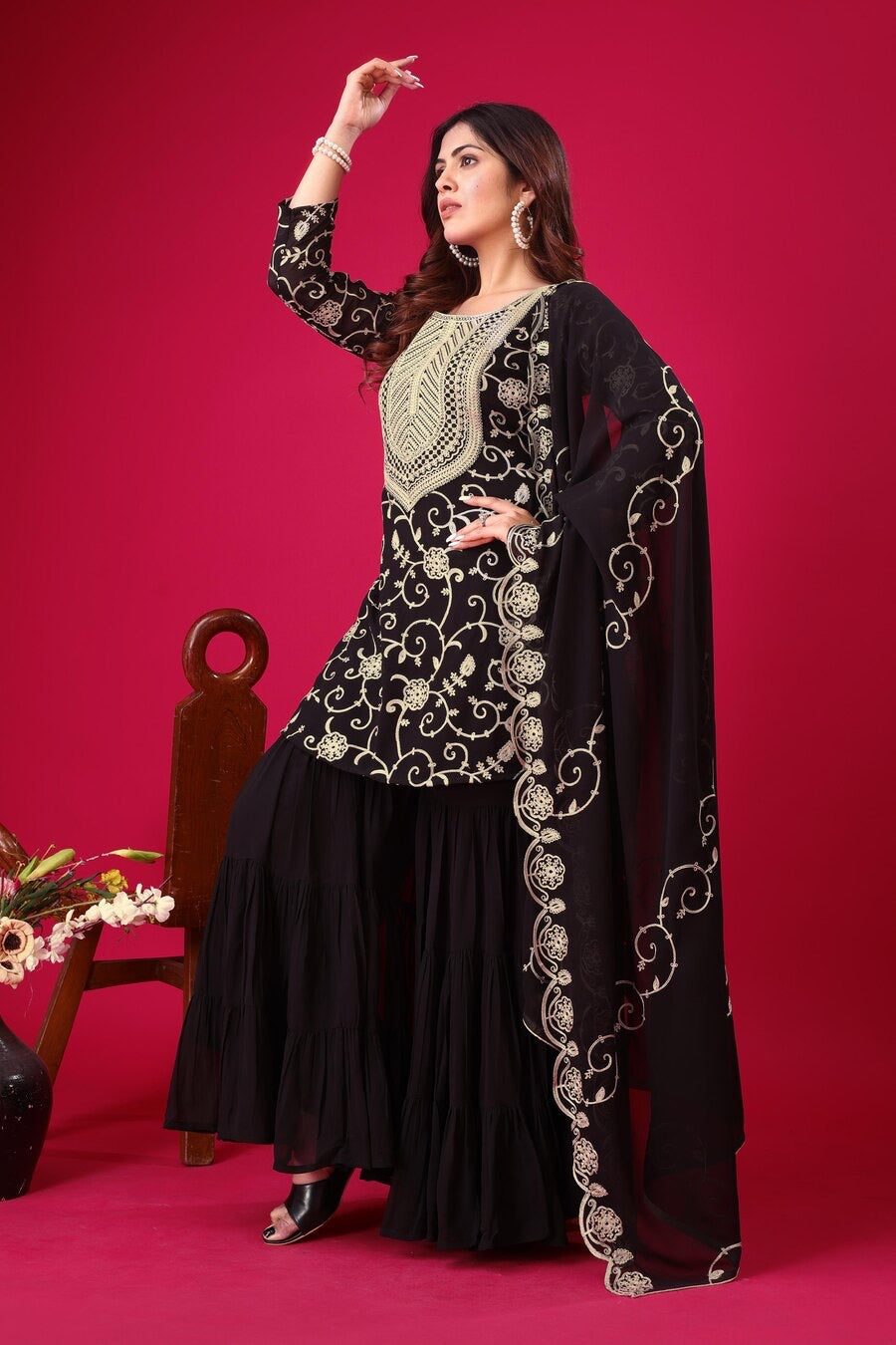 NEW ARRIVAL GEORGETTE EMBROIDERY WORK TOP SHARARA WITH DUPATTA BLACK