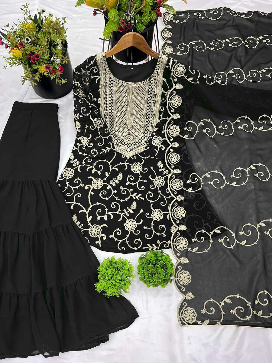 NEW ARRIVAL GEORGETTE EMBROIDERY WORK TOP SHARARA WITH DUPATTA BLACK