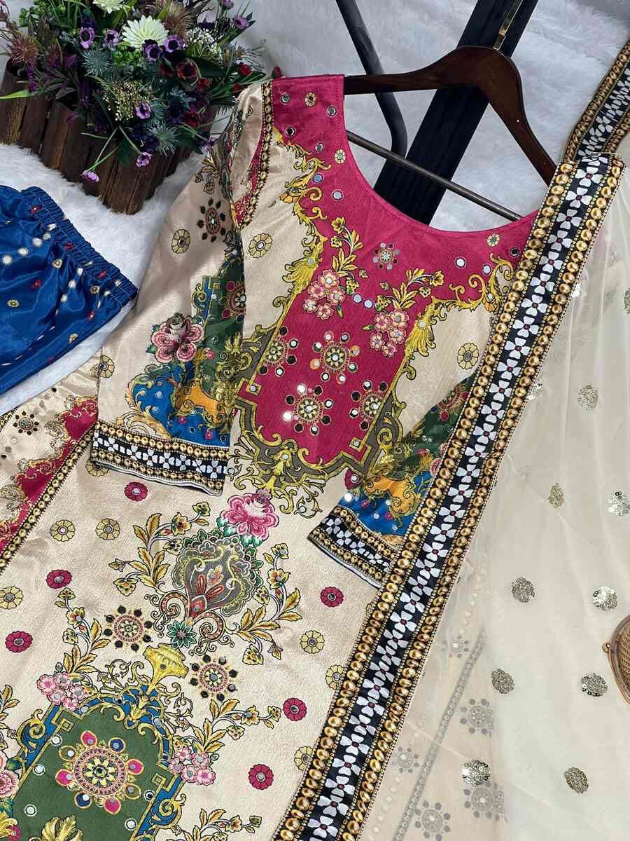 FANCY CHINON SILK DIGITAL PRINT WITH REAL MIRROR HAND WORK WITH LSCE BORDER WORK TOP BOTTOM WITH DUPATTA OFF WHITE
