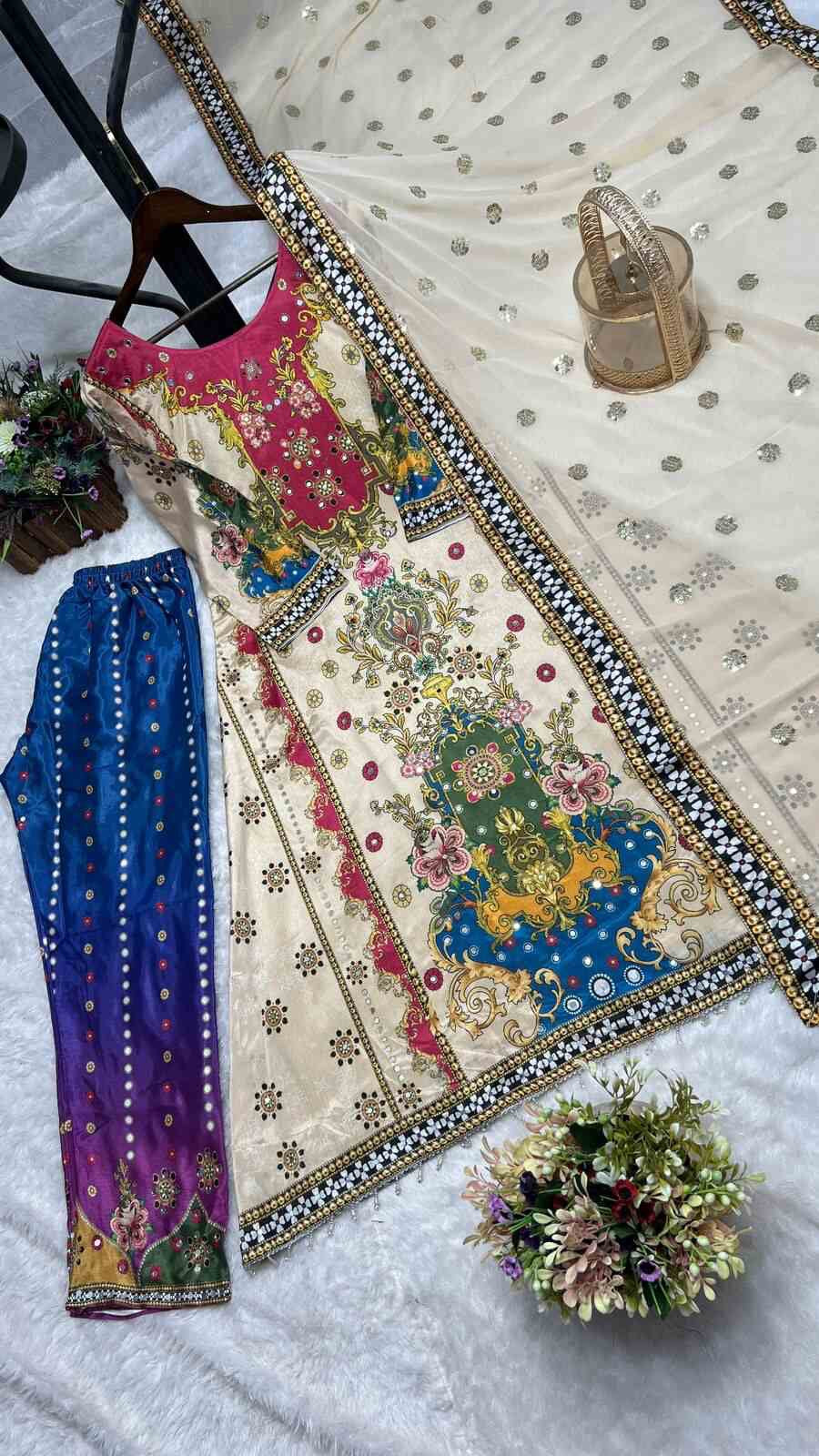 FANCY CHINON SILK DIGITAL PRINT WITH REAL MIRROR HAND WORK WITH LSCE BORDER WORK TOP BOTTOM WITH DUPATTA OFF WHITE