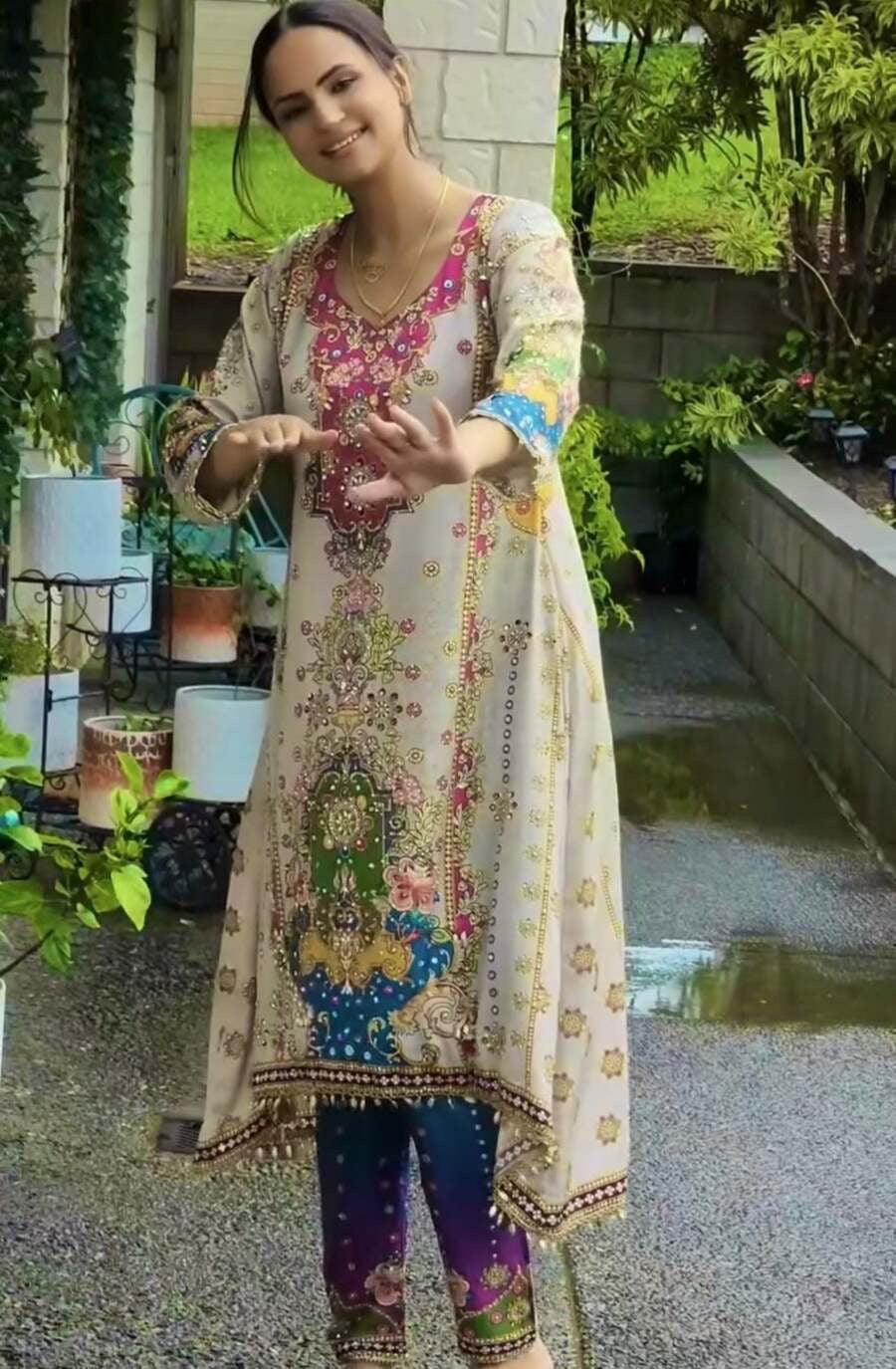 FANCY CHINON SILK DIGITAL PRINT WITH REAL MIRROR HAND WORK WITH LSCE BORDER WORK TOP BOTTOM WITH DUPATTA OFF WHITE