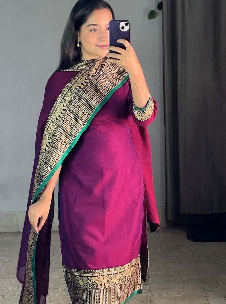 NEW ARRIVAL VICHITRA SILK JACQUARD ZARI WEAVING WORK TOP WITH DUPATTA PURPLE