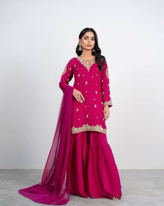 DESIGNER GEORGETTE SEQUENCE EMBROIDERY PEARL WORK TOP SHARARA WITH DUPATTA PINK