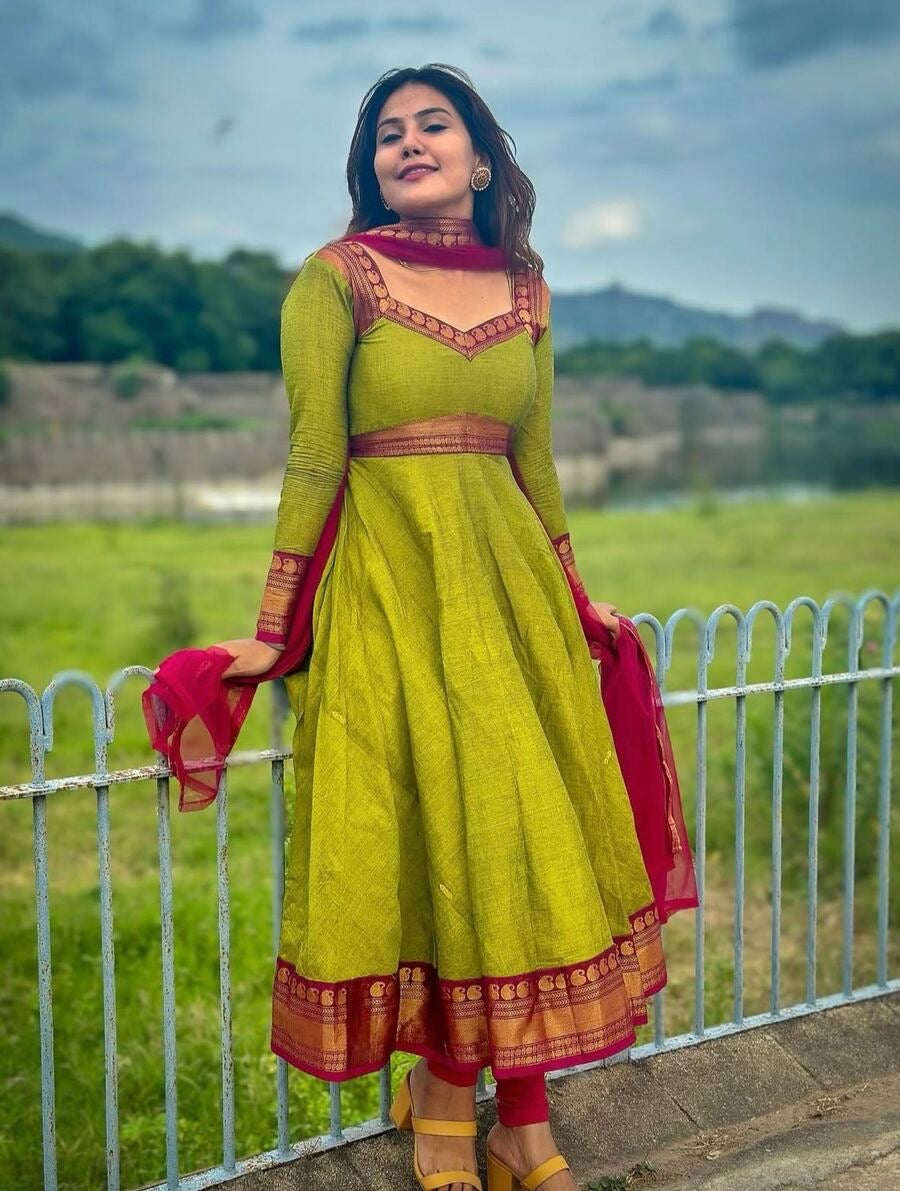 FANCY VICHITRA SILK JACQUARD WEAVING ZARI WORK GOWN WITH DUPATTA PARROT GREEN