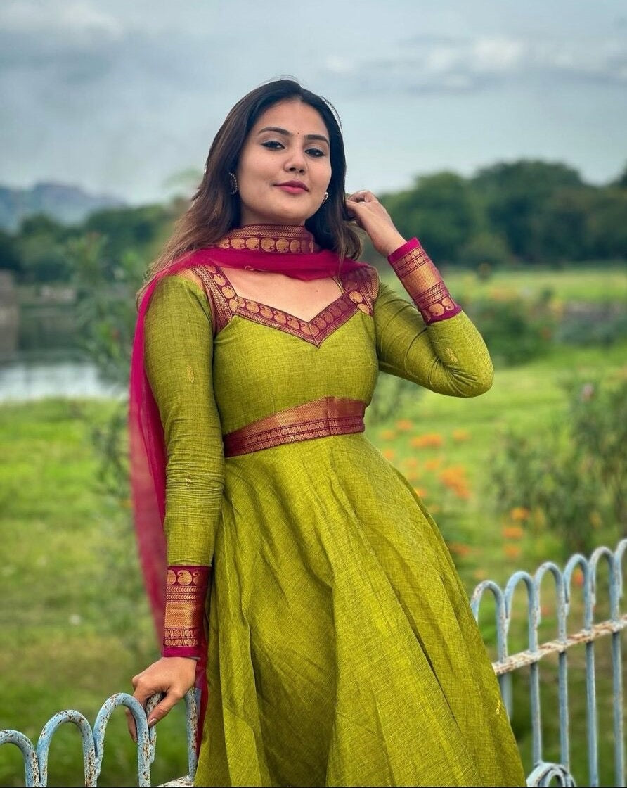 FANCY VICHITRA SILK JACQUARD WEAVING ZARI WORK GOWN WITH DUPATTA PARROT GREEN