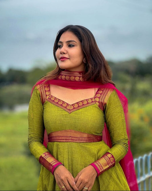 FANCY VICHITRA SILK JACQUARD WEAVING ZARI WORK GOWN WITH DUPATTA PARROT GREEN