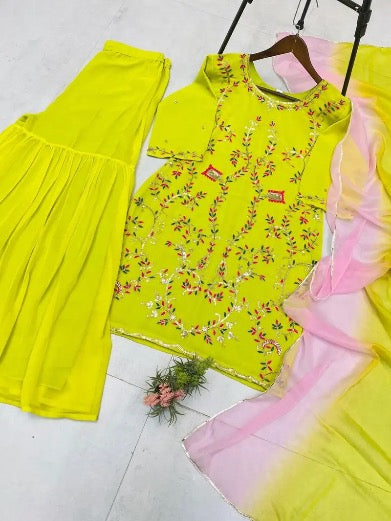 DESIGNER GEORGETTE SEQUENCE EMBROIDERY WORK TOP SHARARA WITH DUPATTA LEMON