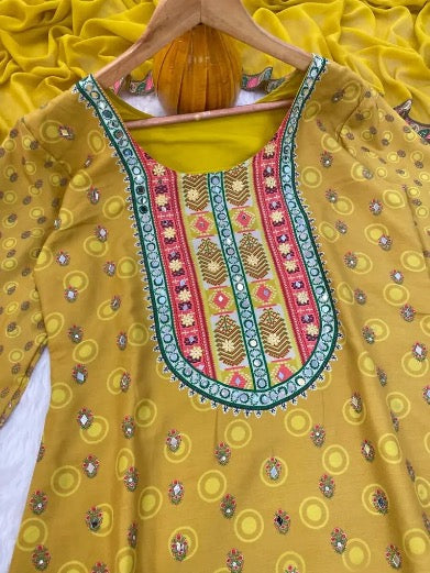 RICH LOOK MUSLIN COTTON DIGITAL PRINT WITH REAL MIRROR HANDWORK TOP BOTTOM WITH DUPATTA YELLOW