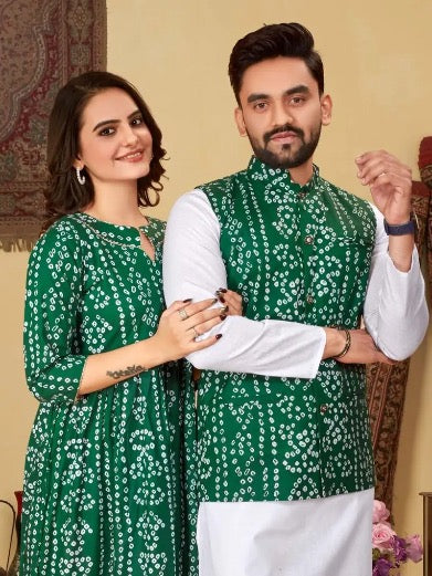 ATTRACTIVE COTTON BANDHANI PRINT WORK COUPLE COMBO GREEN SIZE XL SET