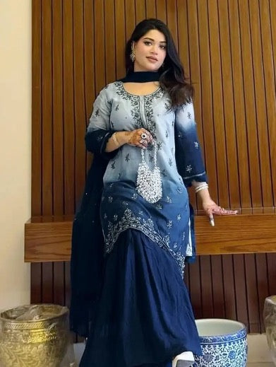 DESIGNER CHINON DIGITAL PRINT WITH ZARI EMBROIDERY SEQUENCE WITH STONE WORK TOP SHARARA WITH DUPATTA NAVY BLUE