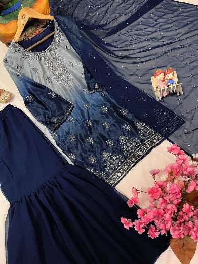 DESIGNER CHINON DIGITAL PRINT WITH ZARI EMBROIDERY SEQUENCE WITH STONE WORK TOP SHARARA WITH DUPATTA NAVY BLUE