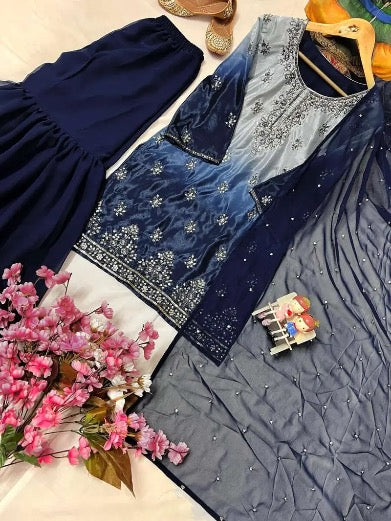 DESIGNER CHINON DIGITAL PRINT WITH ZARI EMBROIDERY SEQUENCE WITH STONE WORK TOP SHARARA WITH DUPATTA NAVY BLUE