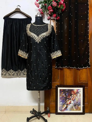 MOST PICKED GEORGETTE EMBROIDERY SEQUENCE ZARI WORK TOP PALAZZO WITH DUPATTA BLACK