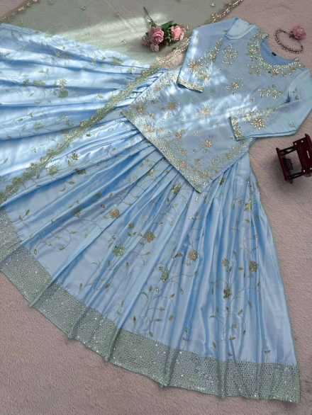 RICH LOOK JAPAN SATIN THRED WITH 5 MM SEQUNCE WORK TOP LEHENGA WITH DUPATTA SKY