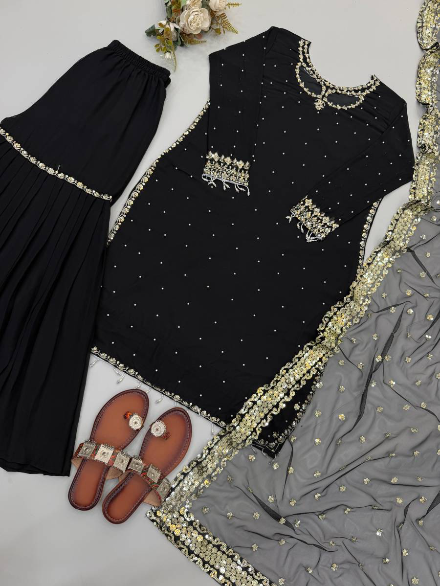 ATTRACTIVE FAUX GEORGETTE EMBROIDERY SEQUENCE WORK TOP SHARARA WITH DUPATTA BLACK