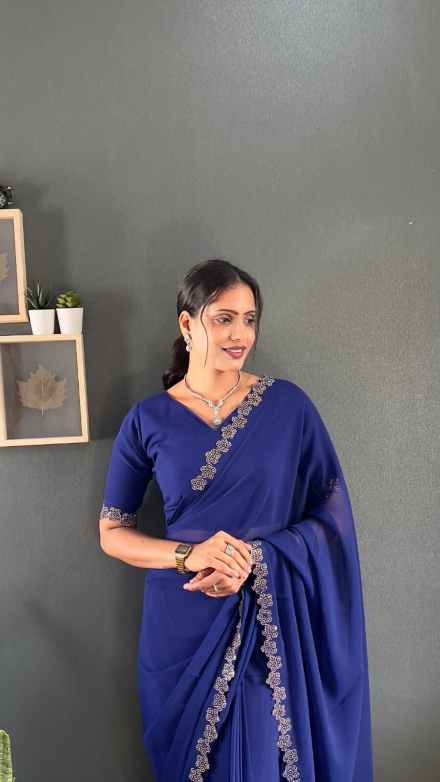 DESIGNER GEORGETTE SWAROVSKI WORK READY TO WEAR SAREE WITH UNSTITCHED BLOUSE BLUE