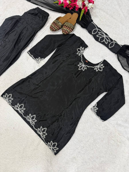 DESIGNER NATURAL CREPE EMBROIDERY AND MOTI WORK TOP PATIYALA WITH DUPATTA
