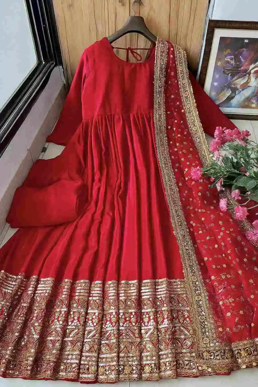 FASHIONABLE CHINON SILK SEQUENCE EMBROIDERY WORK GOWN BOTTOM WITH DUPATTA RED
