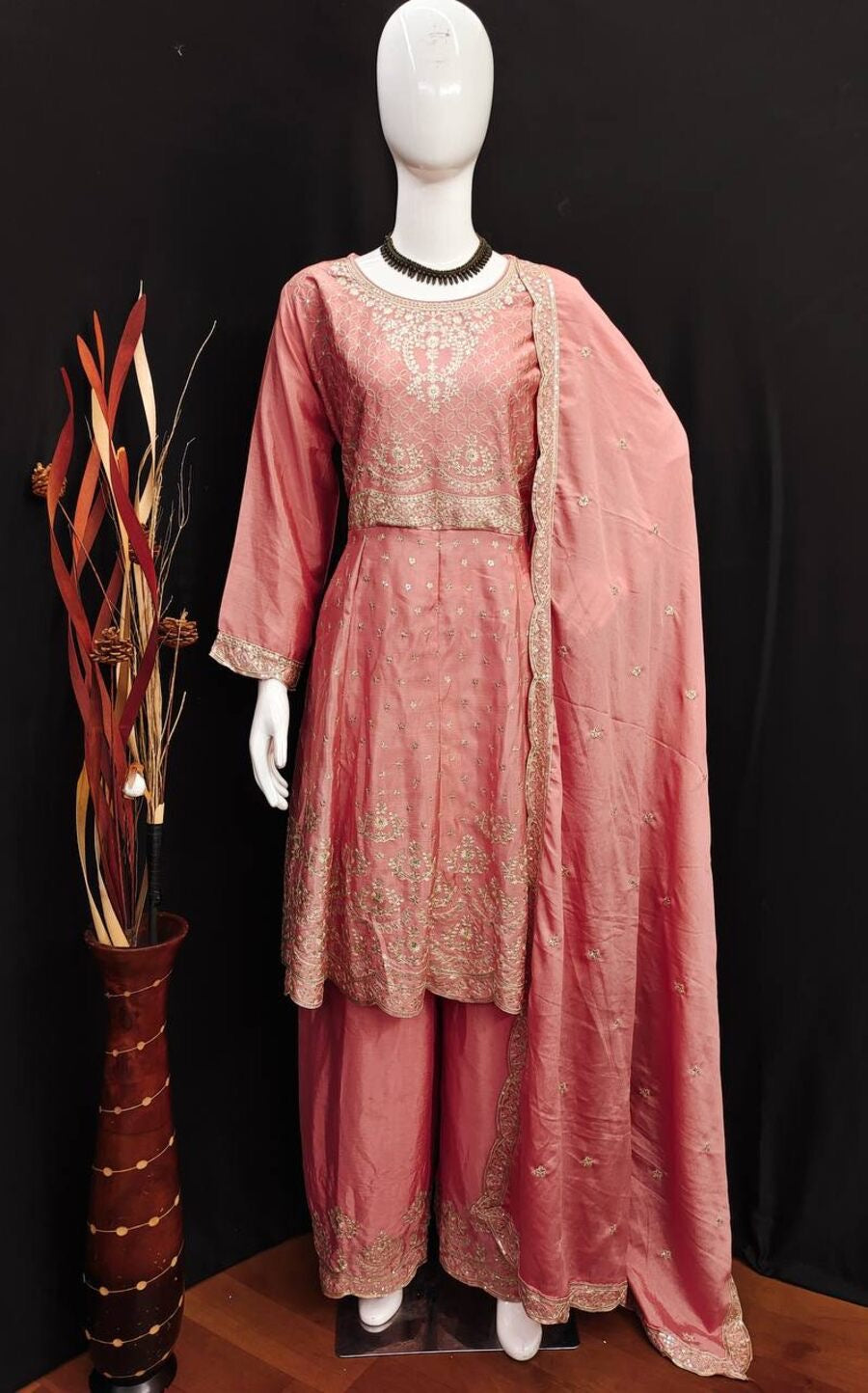 NEW ARRIVAL CHINON EMBRIDERY SEQUENCE WORK TOP PALAZZO WITH DUPATTA PEACH