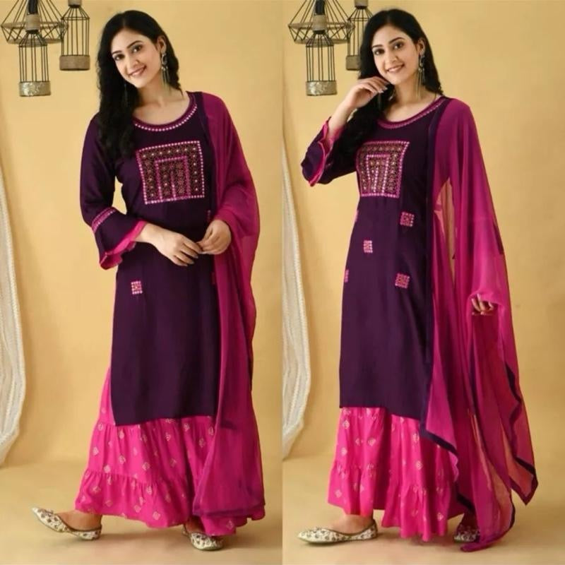 INDIAN FASHIONABLE RAYON EMBROIDERY WORK TOP SHARARA WITH DUPATTA WINE SIZE 40