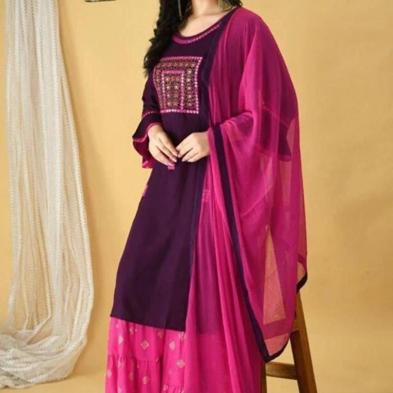 INDIAN FASHIONABLE RAYON EMBROIDERY WORK TOP SHARARA WITH DUPATTA WINE SIZE 40