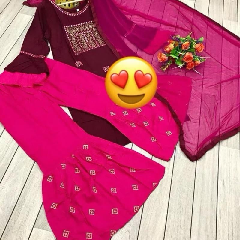 INDIAN FASHIONABLE RAYON EMBROIDERY WORK TOP SHARARA WITH DUPATTA WINE SIZE 40