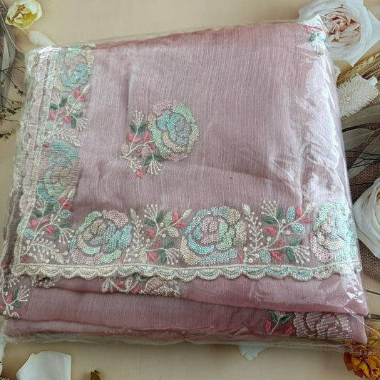 PARTY WEAR HIGH END SILK SEQUENCE WORK SAREE WITH UNSTITCHED BLOUSE IN BABY PINK COLOR.