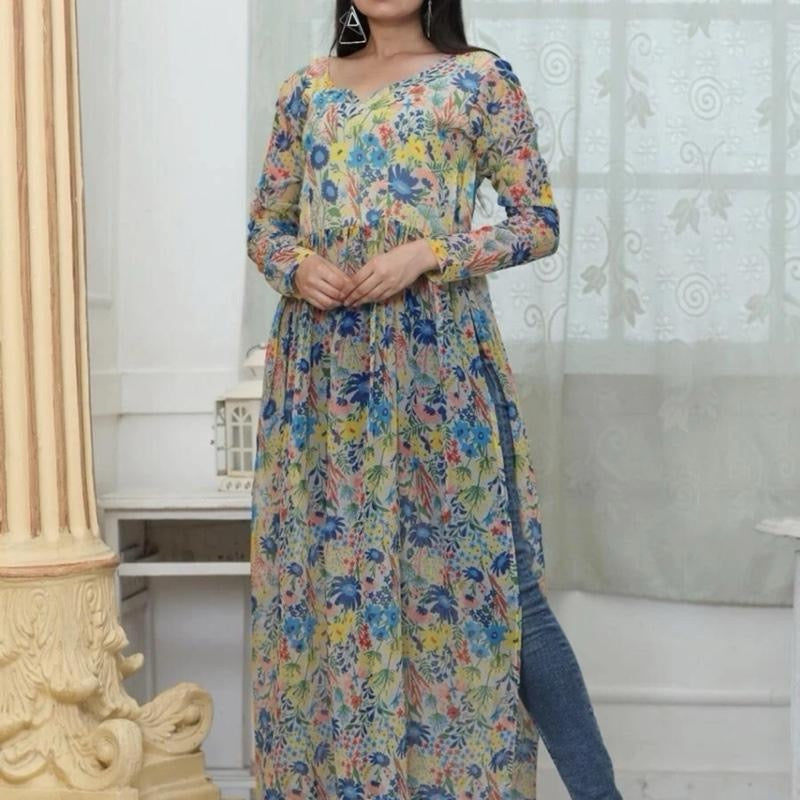 INDIAN  FANCY GEORGETTE FLORAL DIGITAL PRINTED NAYRA CUT KURTI SIZE:40-L