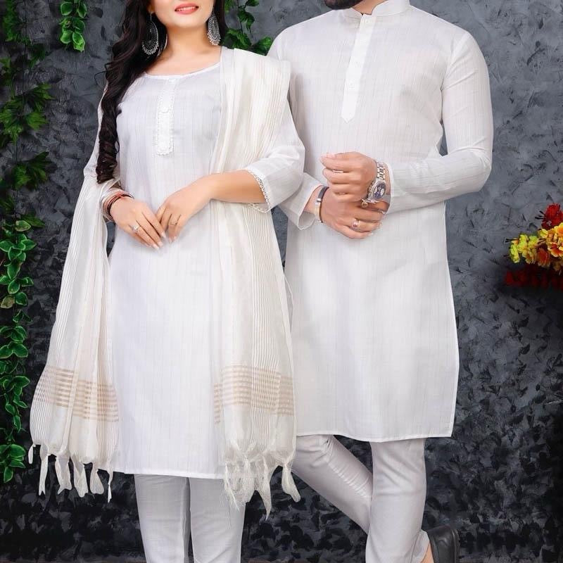 INDIAN DESIGNER COTTON SILVAR WEAVING WORK COUPLE WEAR COMBO