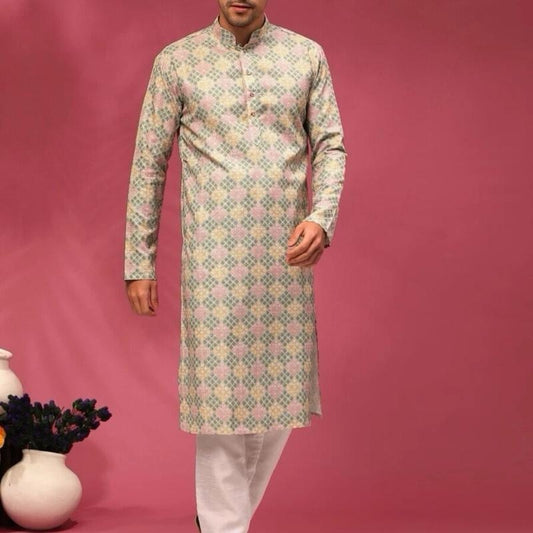 INDIAN Cotton Printed Men’S Kurta with Payjama Grey L-40