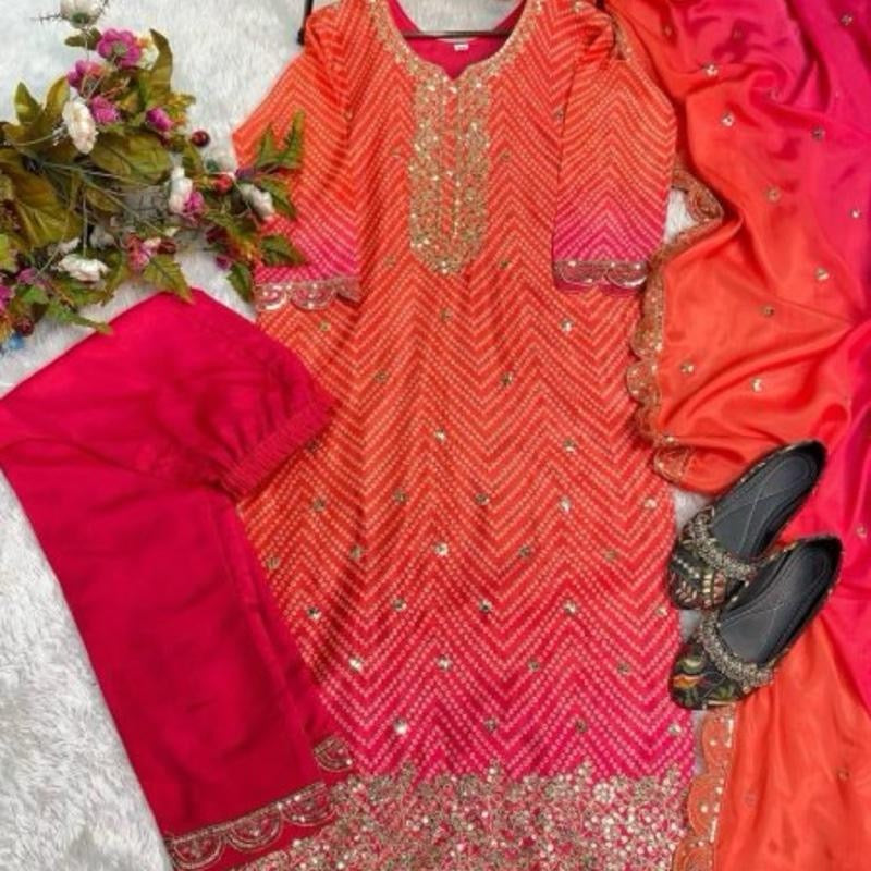Designer Chinon Silk Printed And Sequance Embroidered Work Top and Pant with Dupatta L