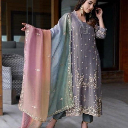 ATTRACTIVE HIGH END SILK SEQUENCE EMBROIDERY MOTI WORK TOP BOTTOM WITH DUPATTA GREY