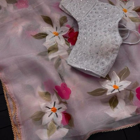 NEW ARRIVAL ORGANZA PRINTED FOIL WORK SAREE WITH STITCHED BLOUSE LAVENDER