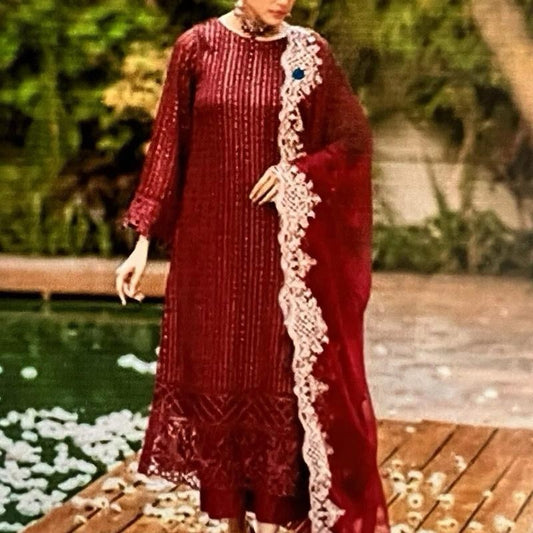 INDIAN Embroidered Georgette Top and Bottom with Dupatta in Red Size L 40