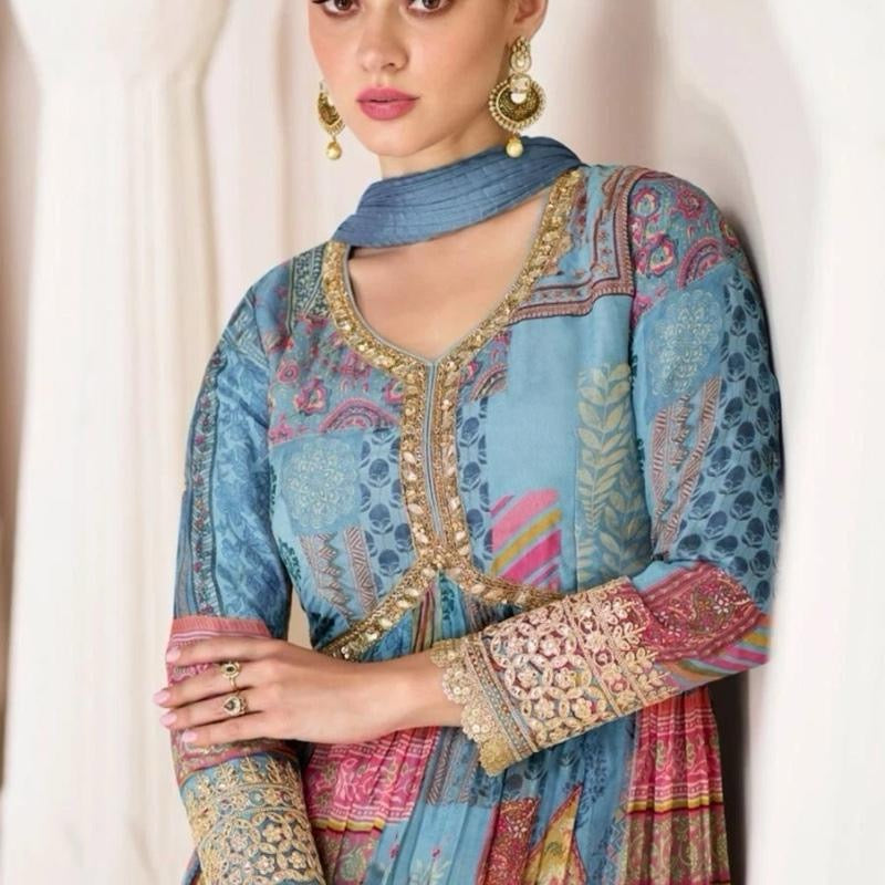 FASHIONABLE ORGANZA PRINT WITH EMBROIDERY WORK ALIA CUT GOWN WITH DUPATTA SKY