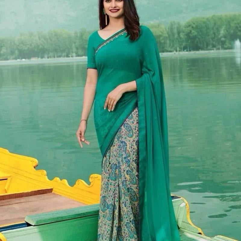 INDIAN LAUNCHING REGULAR BASE PRINTED SAREE & UNSTITCHED BLOUSE GREEN & MAROON