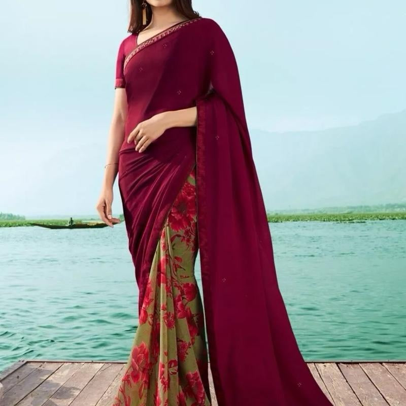 INDIAN LAUNCHING REGULAR BASE PRINTED SAREE & UNSTITCHED BLOUSE GREEN & MAROON