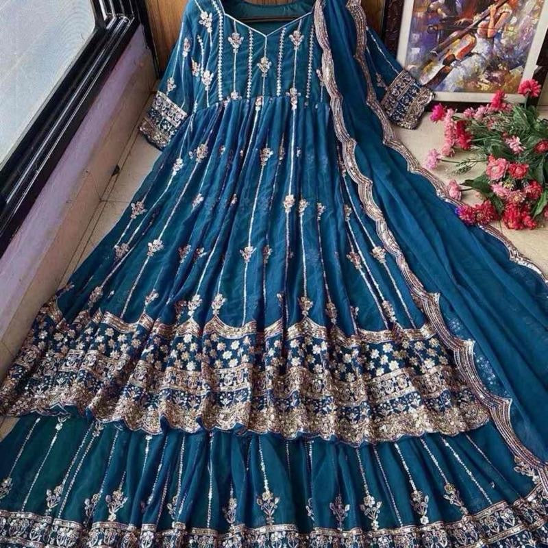 NEW ARRIVAL GEORGETTE EMBROIDERY SEQUENCE TOP SHARARA WITH DUPATTA TEAL Womenswear