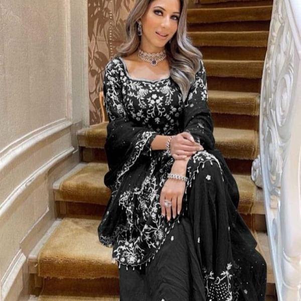 FASHIONABLE HEAVY NET GEORGETTE CHINE SEQUENCE EMBROIDERY WORK TOP PALAZZO WITH DUPATTA