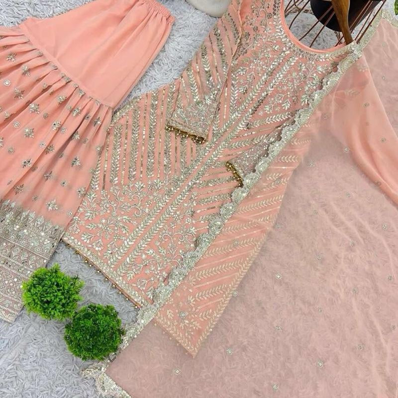 DESIGNER FAUX GEORGETTE EMBROIDERY SEQUENCE WORK TOP SHARARA WITH DUPATTA