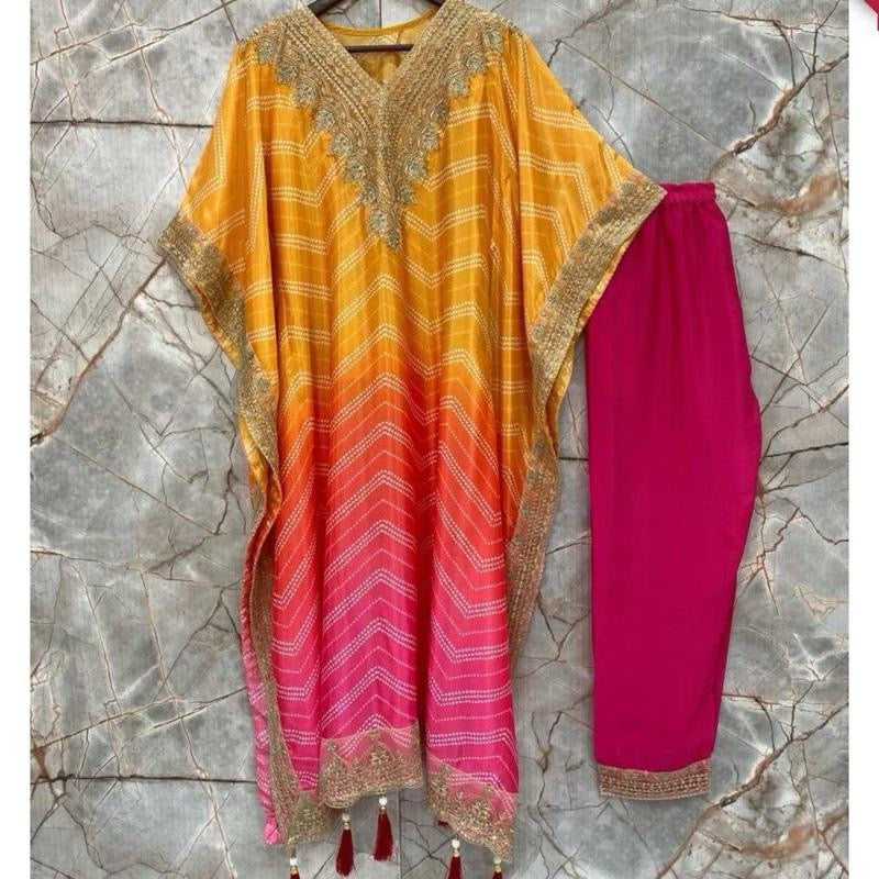 DESIGNER CHINON SEQUENCE EMBROIDERY BANDHANI PRINTED KAFTAN WITH BOTTOM YELLOW