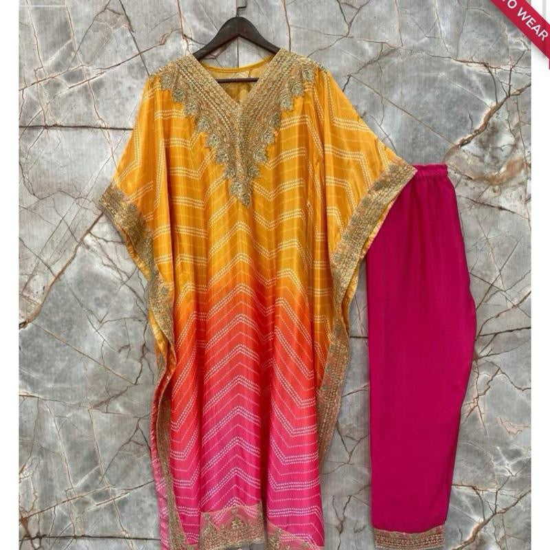 DESIGNER CHINON SEQUENCE EMBROIDERY BANDHANI PRINTED KAFTAN WITH BOTTOM YELLOW