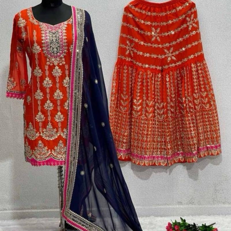 NEW ARRIVAL GEORGETTE EMBROIDERY CODING SEQUENCE WORK TOP PALAZZO WITH DUPATTA  ORANGE SIZE 38-M