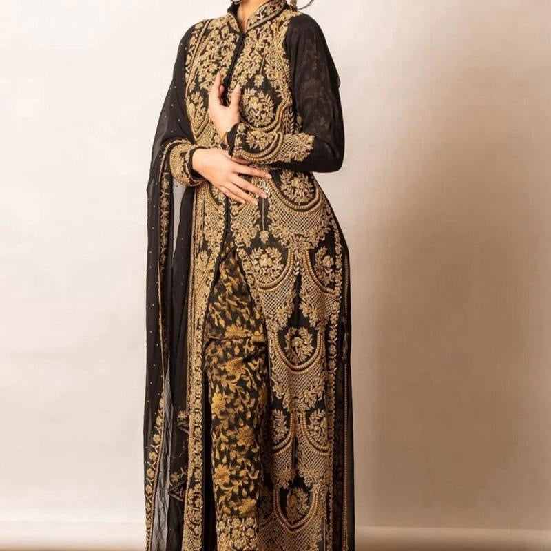 INDIAN RICH LOOK GEORGETTE THREAD AND SEQUENCE WORK TOP PANT WITH DUPATTA BLACK