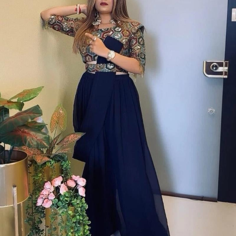 New Georgette Multi Thread Embroidery Sequence Work Blouse Palazzo Belt with Dupatta size-42